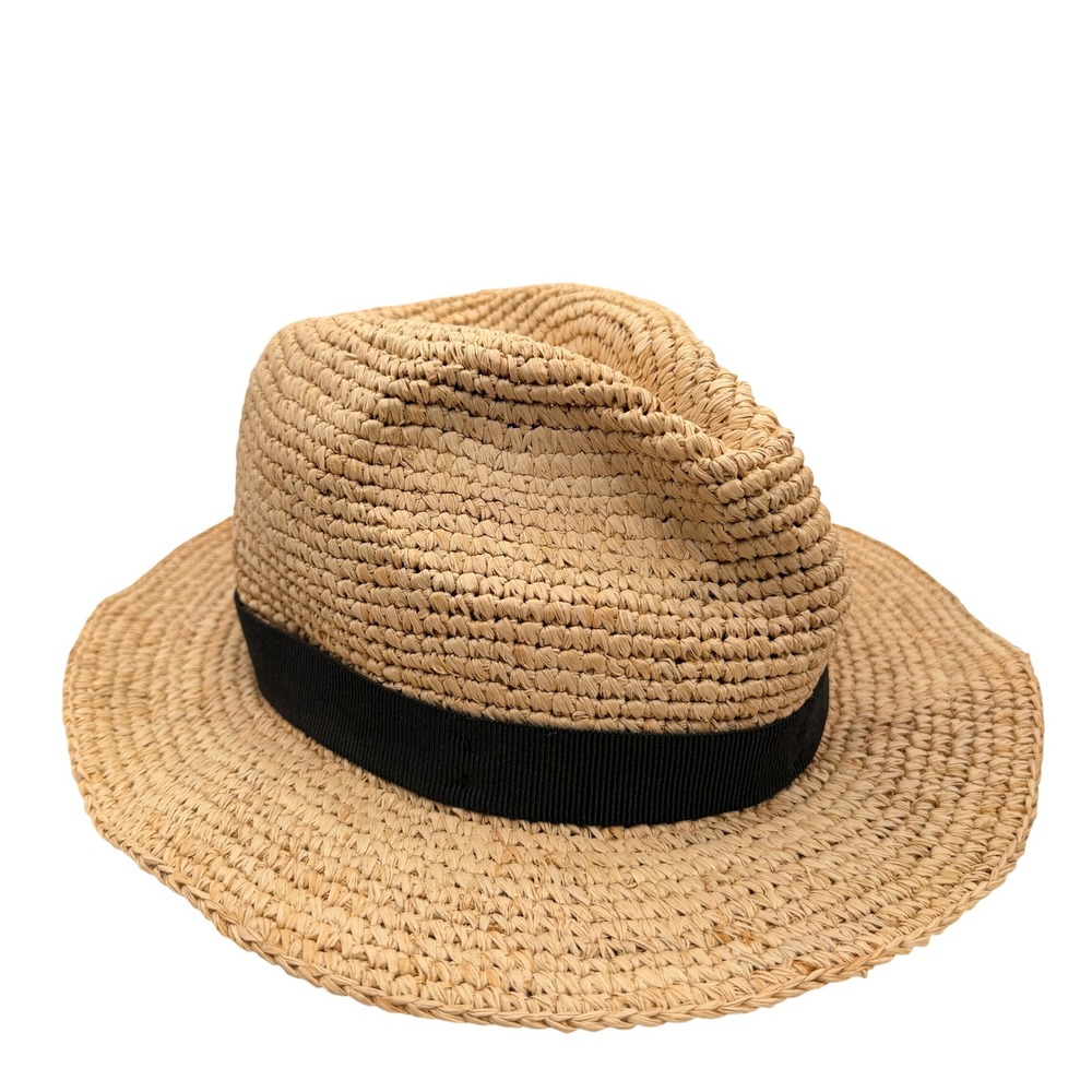 J.Crew Womens Straw Fedora Hat S/M Tan‎ Black Ribbon Summer Beach F1722 Coastal